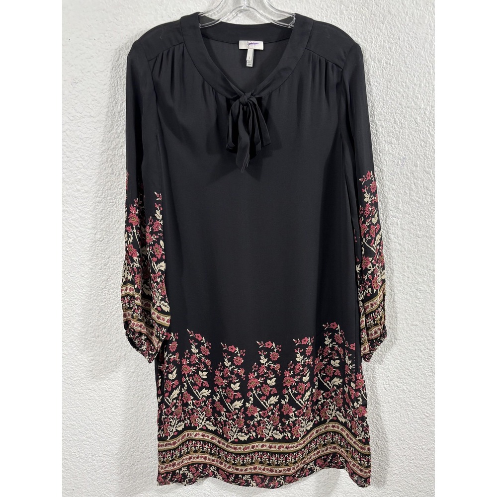 Joie Dress Womens Small Black Silk Floral Border 3/4 Sleeve Boho Shift Mini